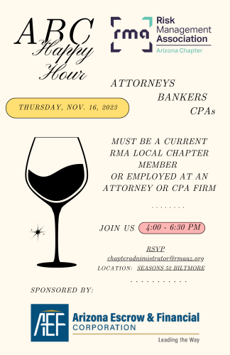 ABC Happy Hour for Risk Management Association Sponsored by Arizona Escrow and Financial Image for the Website