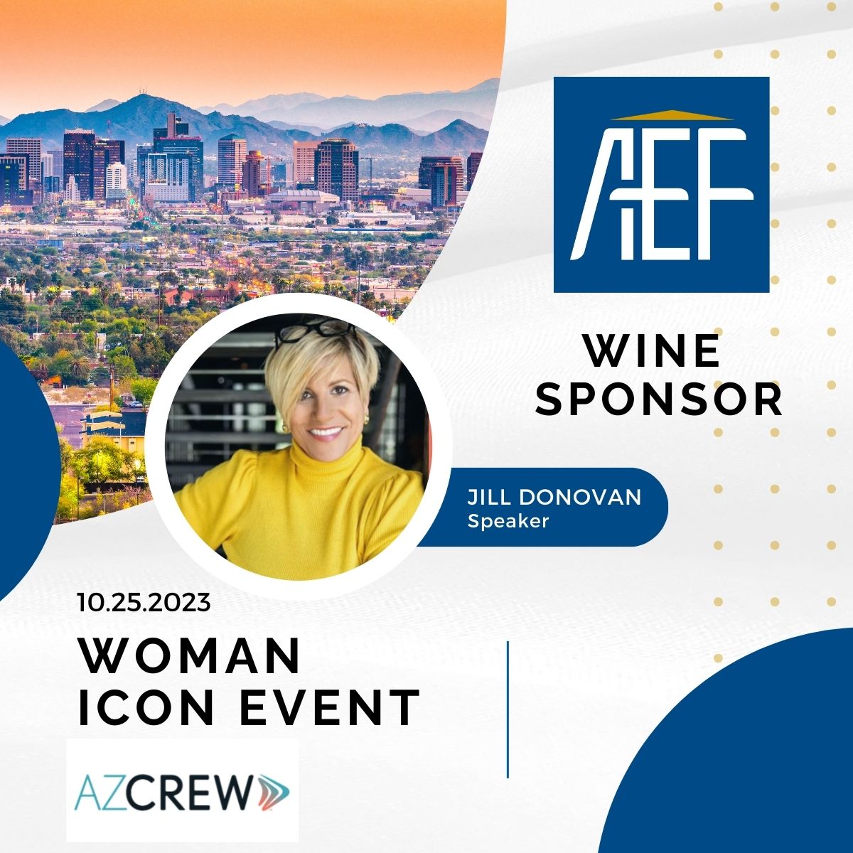 City of phoenix with text promoting Woman icon event for Arizona Escrow Wine Sponsor