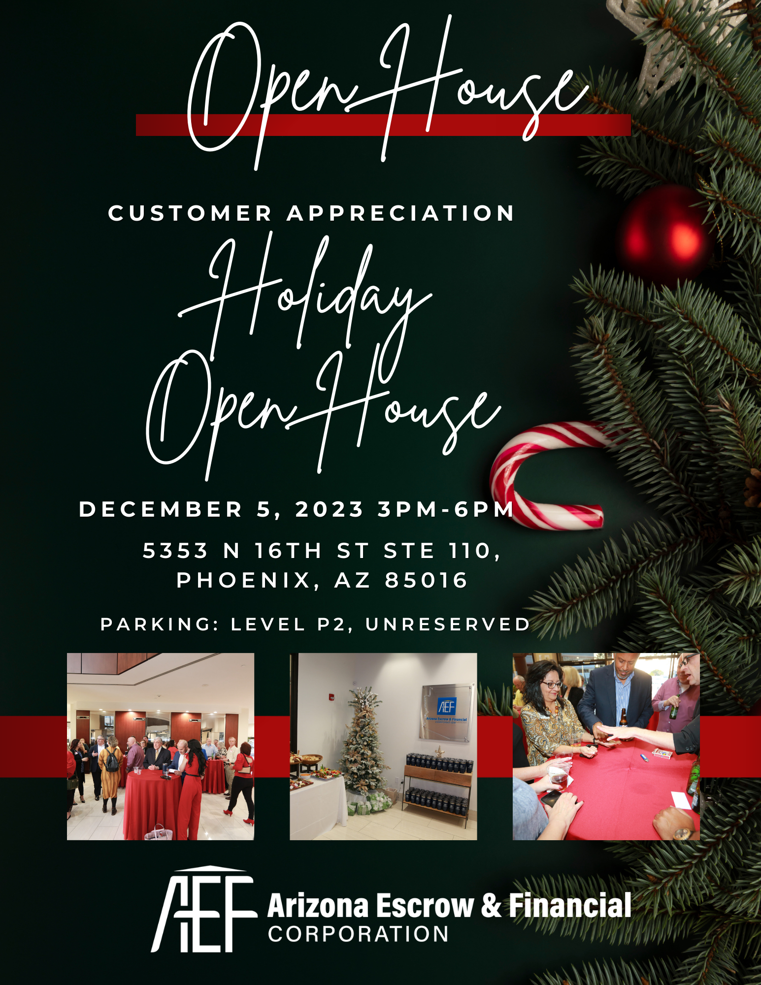 Red and green christmas flyer for open house