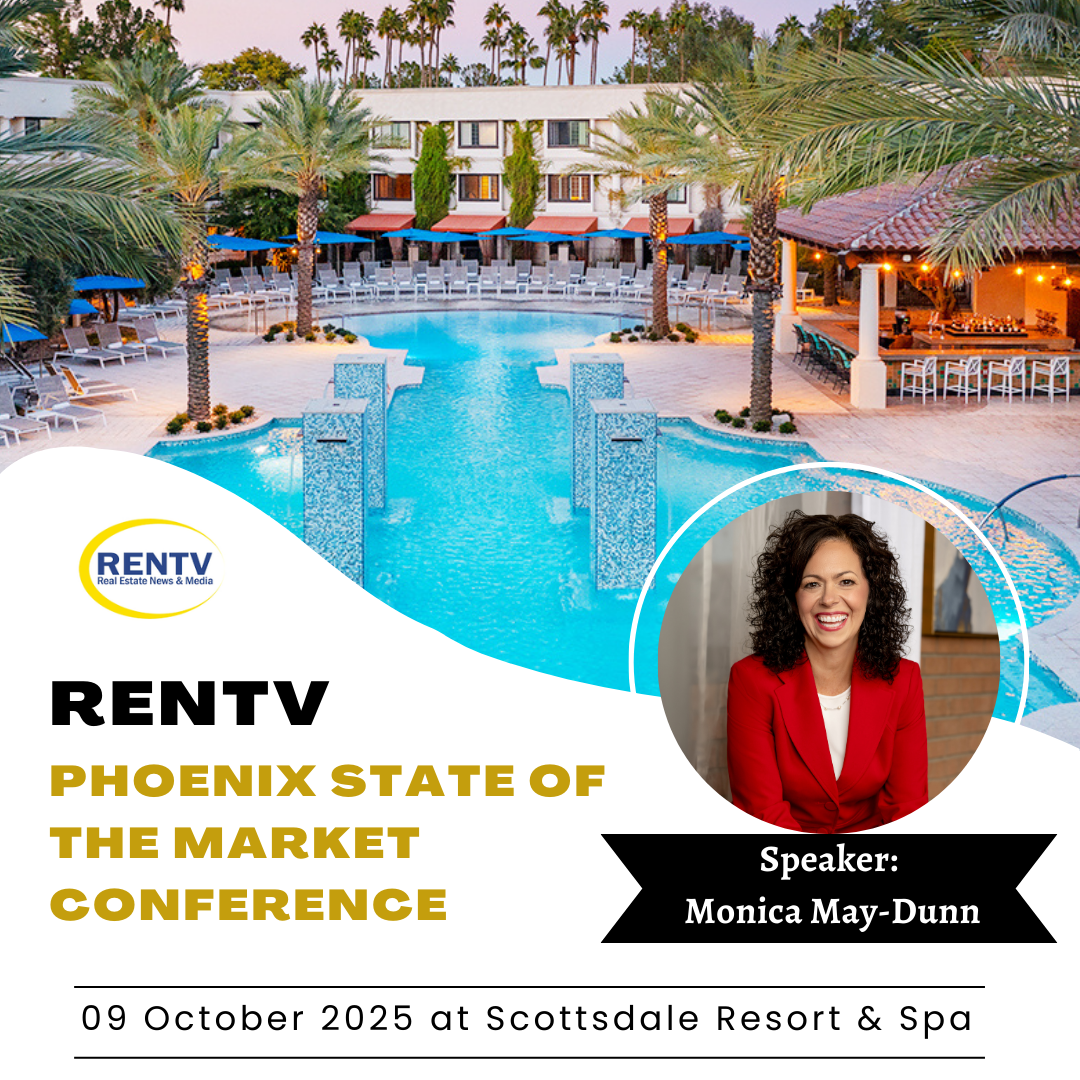 RENTV state of the market conference. Picture of Monica May-Dunn in a red suit with a pool in the background and details about the event.