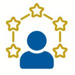Icon of a person with five stars around their head showing deep expertise in escrow for business sales.