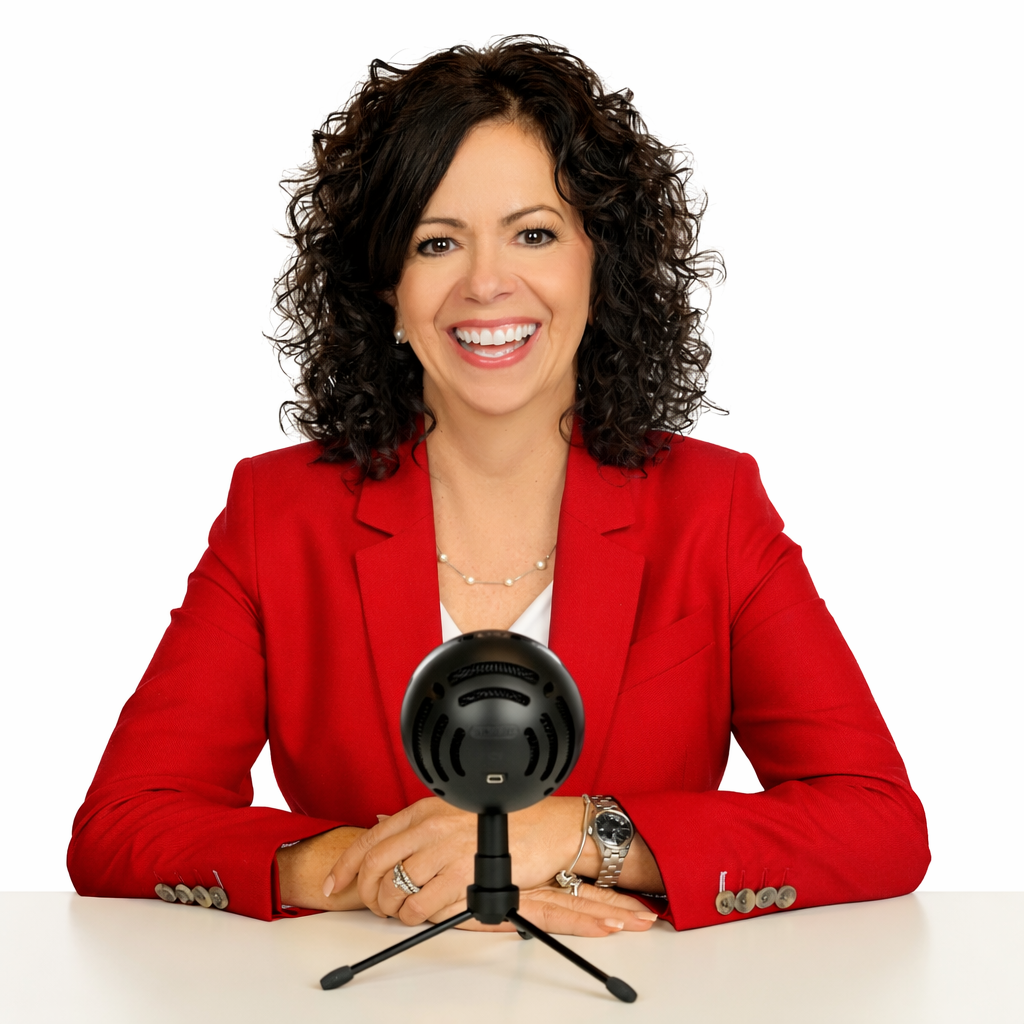 Monica May Dunn with a Podcast Mic