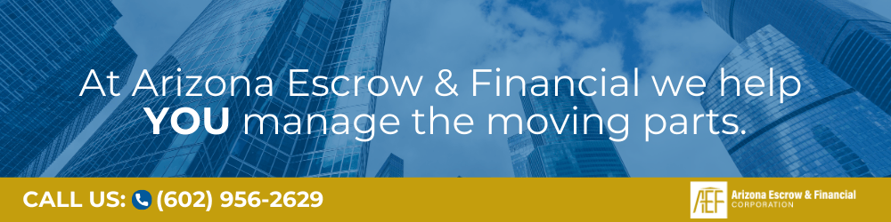 Tall buildings loom in the background under cloudy skies. At Arizona Escrow & Financial we help YOU manage the moving parts.