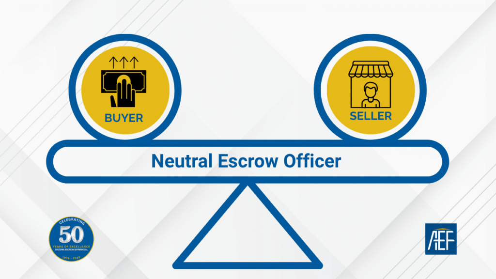 Buyer and seller balancing on a see-saw like balance which is a neutral escrow officer.