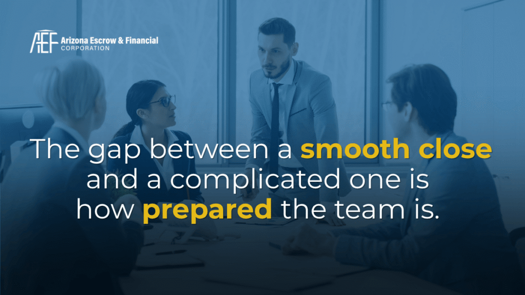 AEF BLOG mid year 2026 update_smooth closing AEF graphic showing a business team in a meeting with the message, “The gap between a smooth close and a complicated one is how prepared the team is.”