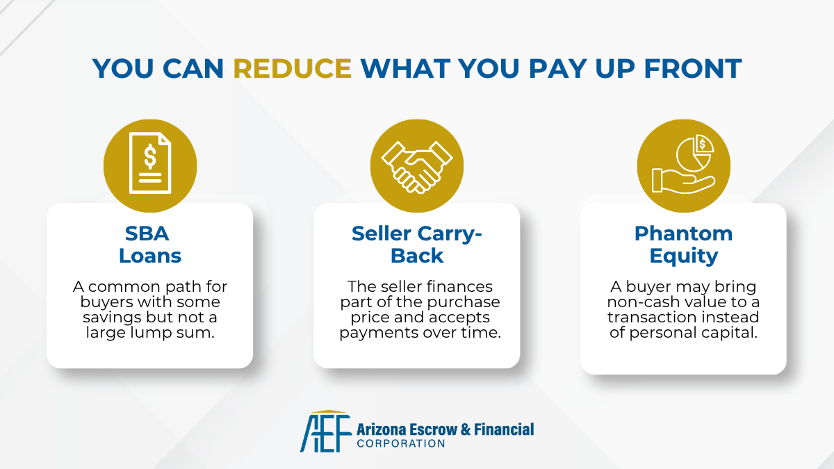 AEF BLOG Lisa Riley Zero Down Business Acquisitions (2) Grey textured background with the title: You can reduce what you pay up front. Three bosex